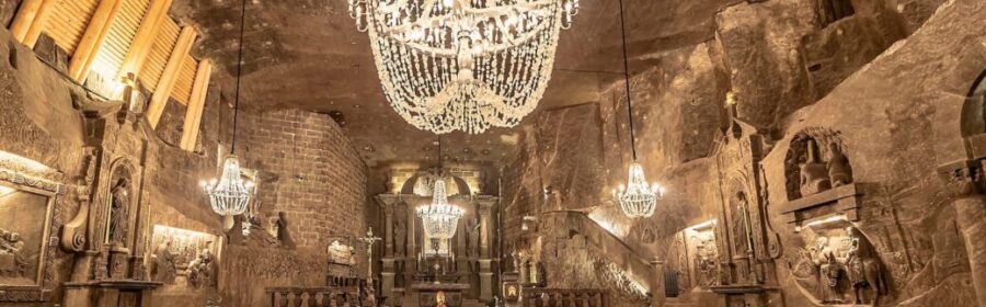 Inside an ancient Polish salt mine that has underground lakes, fully carved chapels, and chandeliers made of salt.